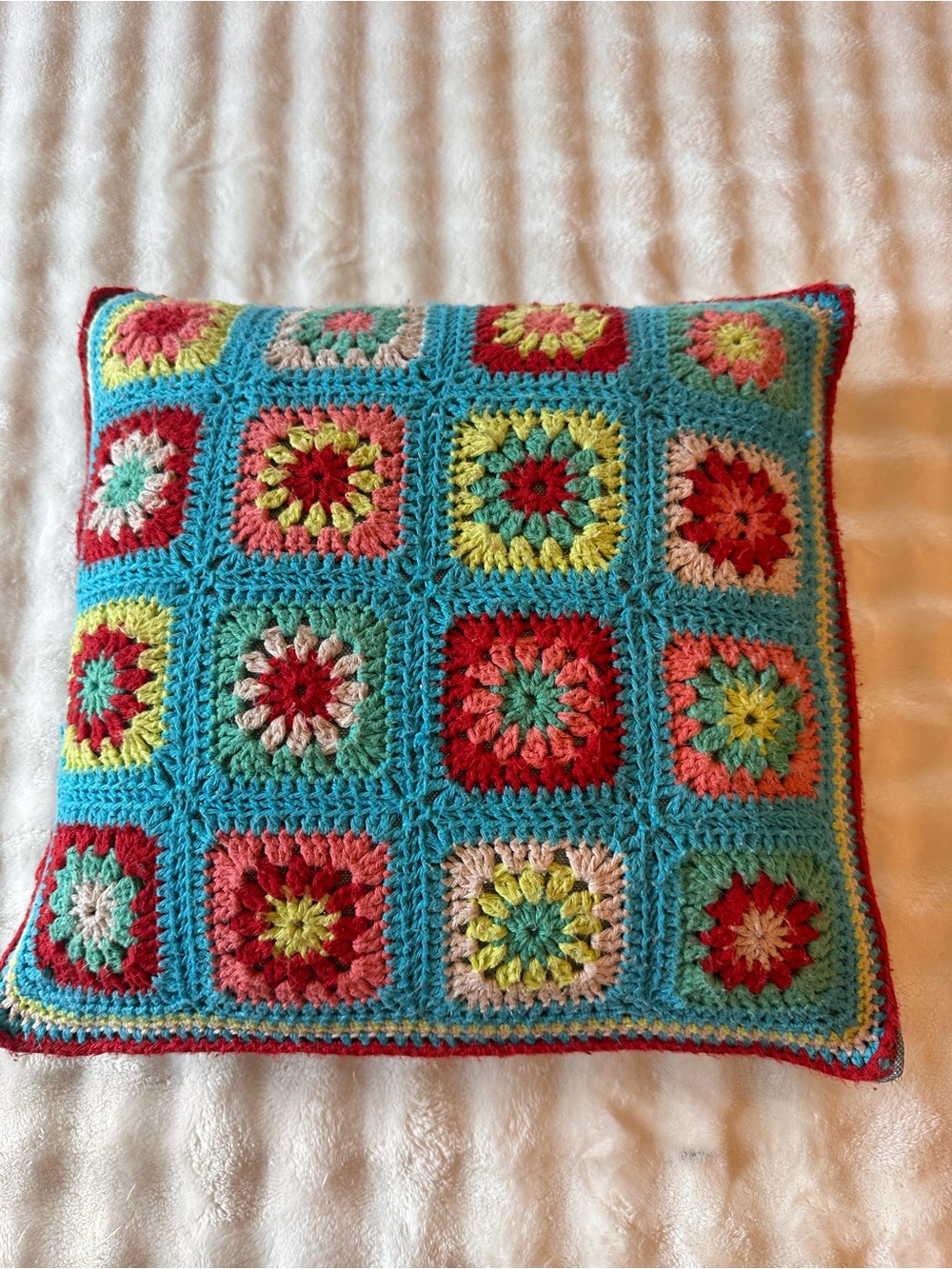 Handmade Crochet Granny Square Pillow Cover - Turquoise, Red, Yellow